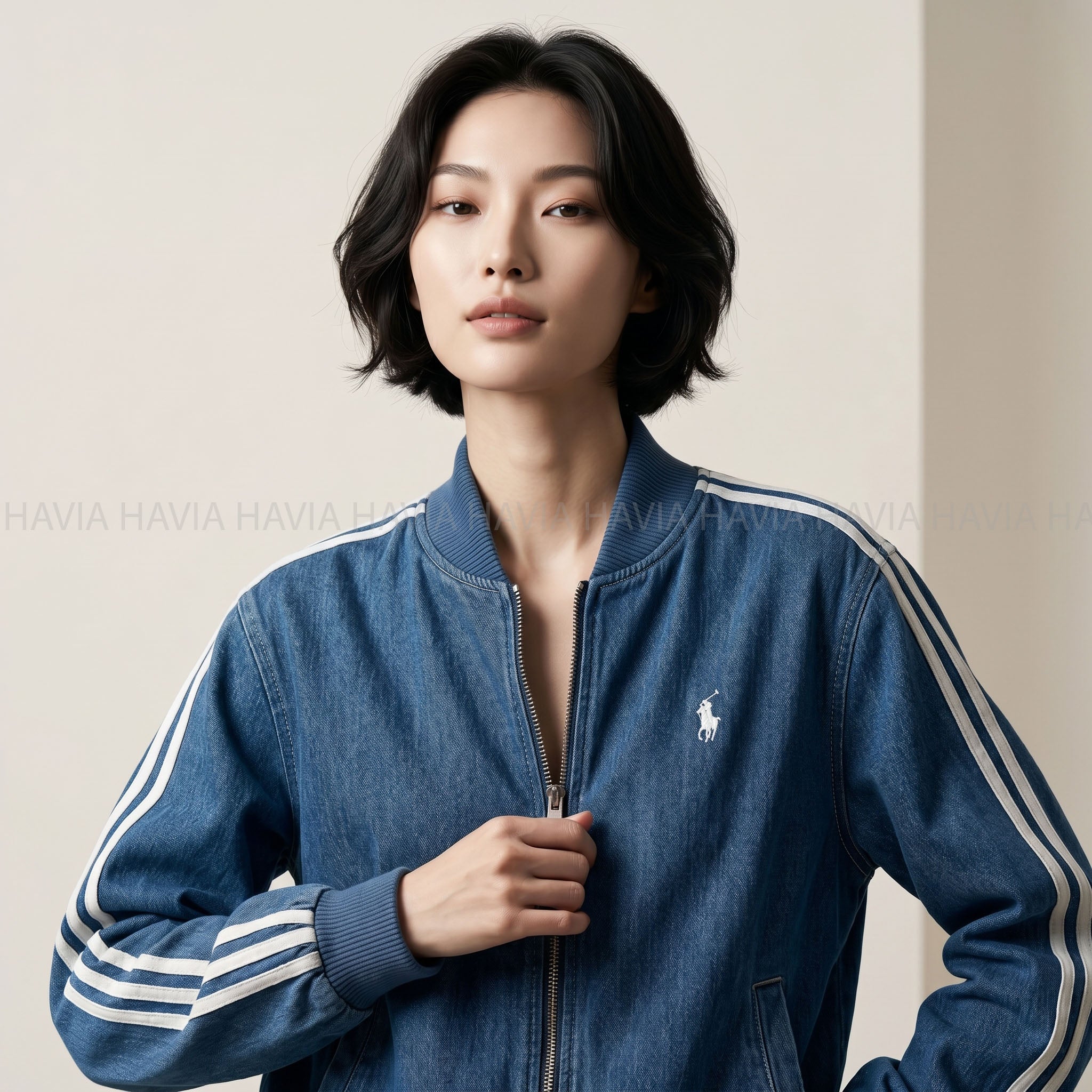 Áo Khoác Jean Blue Cổ Thun Logo Ngựa AK28475